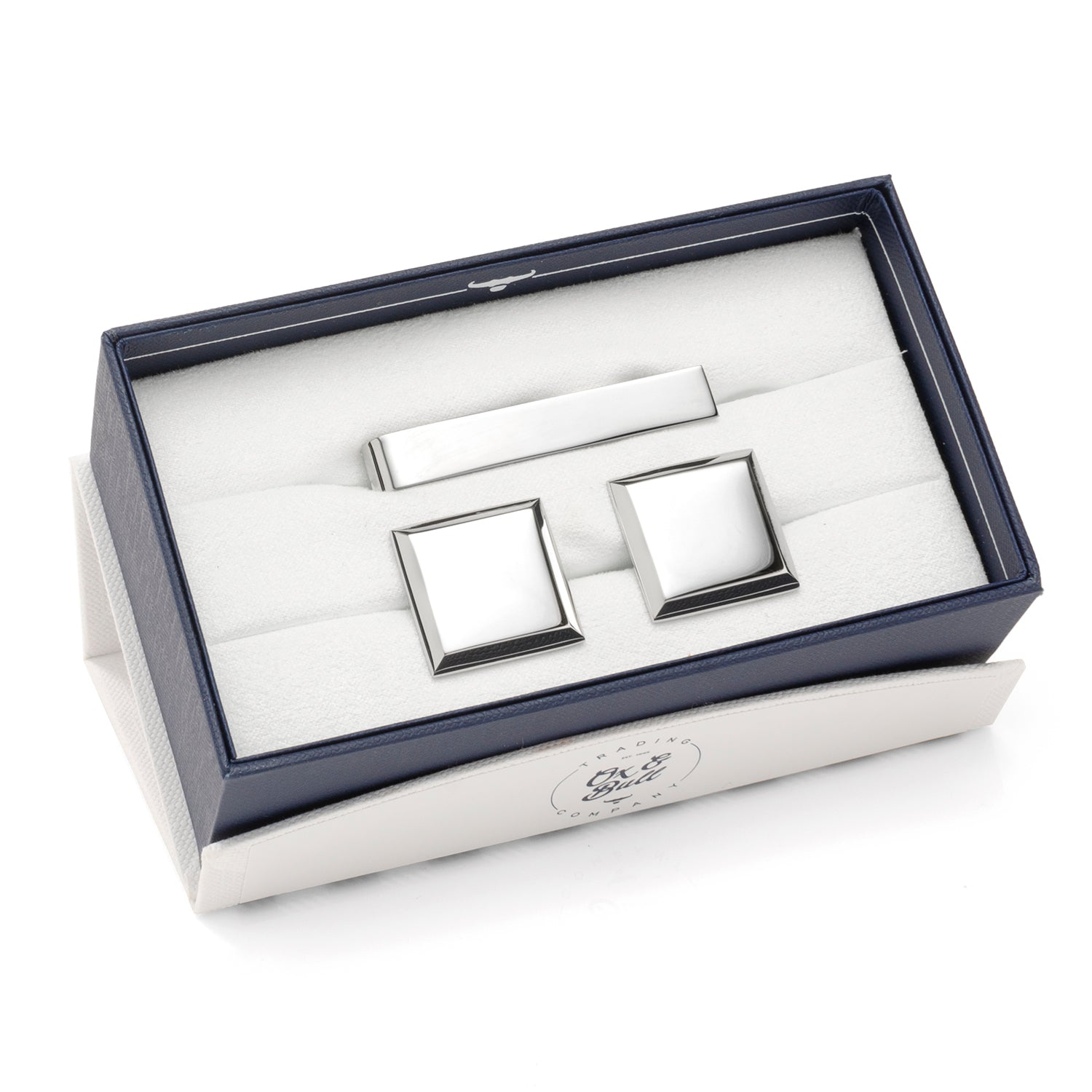 Stainless Steel Beveled Square Engravable Cufflinks and Tie Bar Gift Set — close-up detail383
