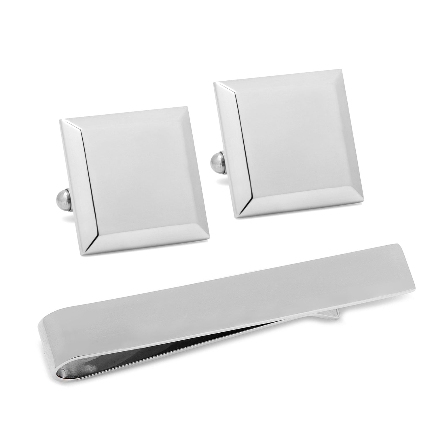 Stainless Steel Beveled Square Engravable Cufflinks and Tie Bar Gift Set604