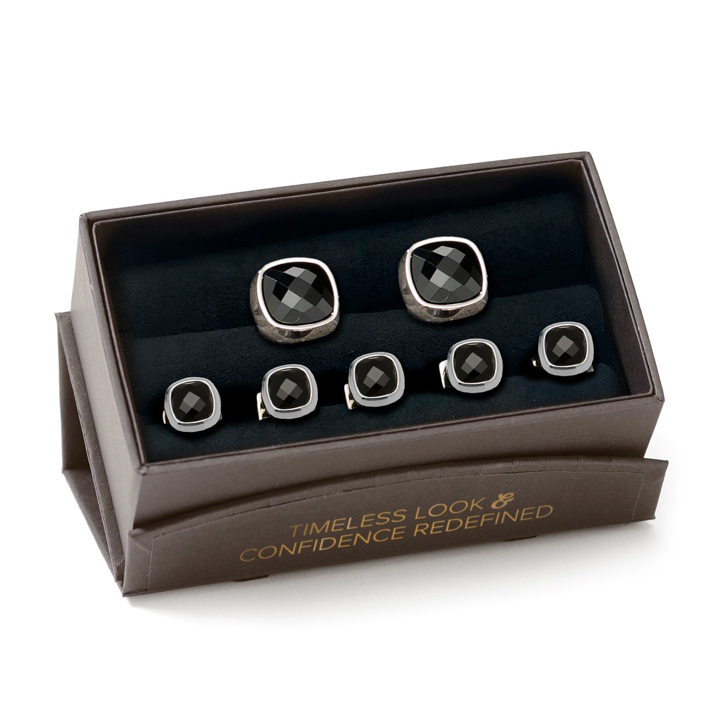 Faceted Onyx Cushion Stainless Steel 5-Stud Set — view 7880