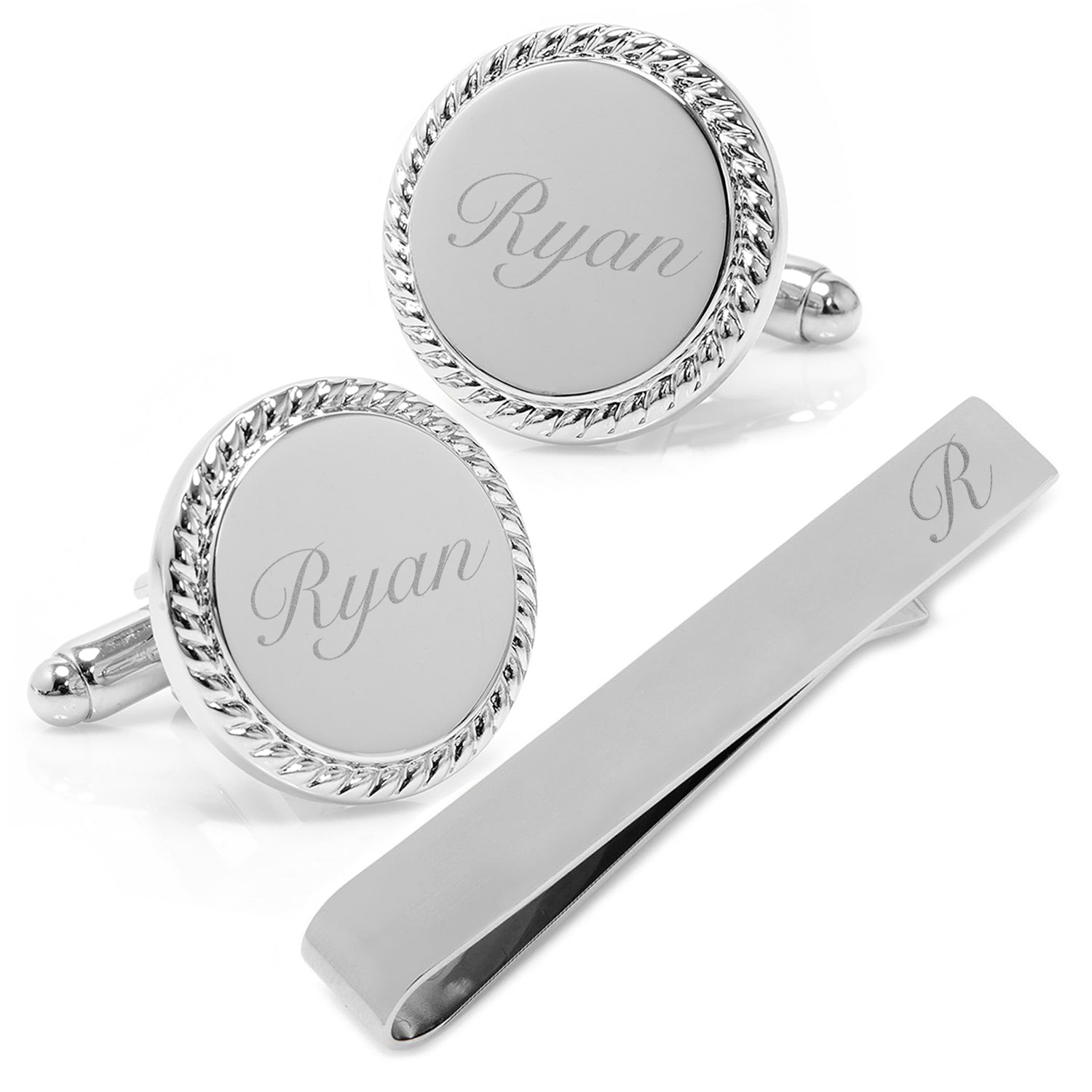 Engravable Rope Border Round Cufflinks and Tie Bar Gift Set — close-up detail994