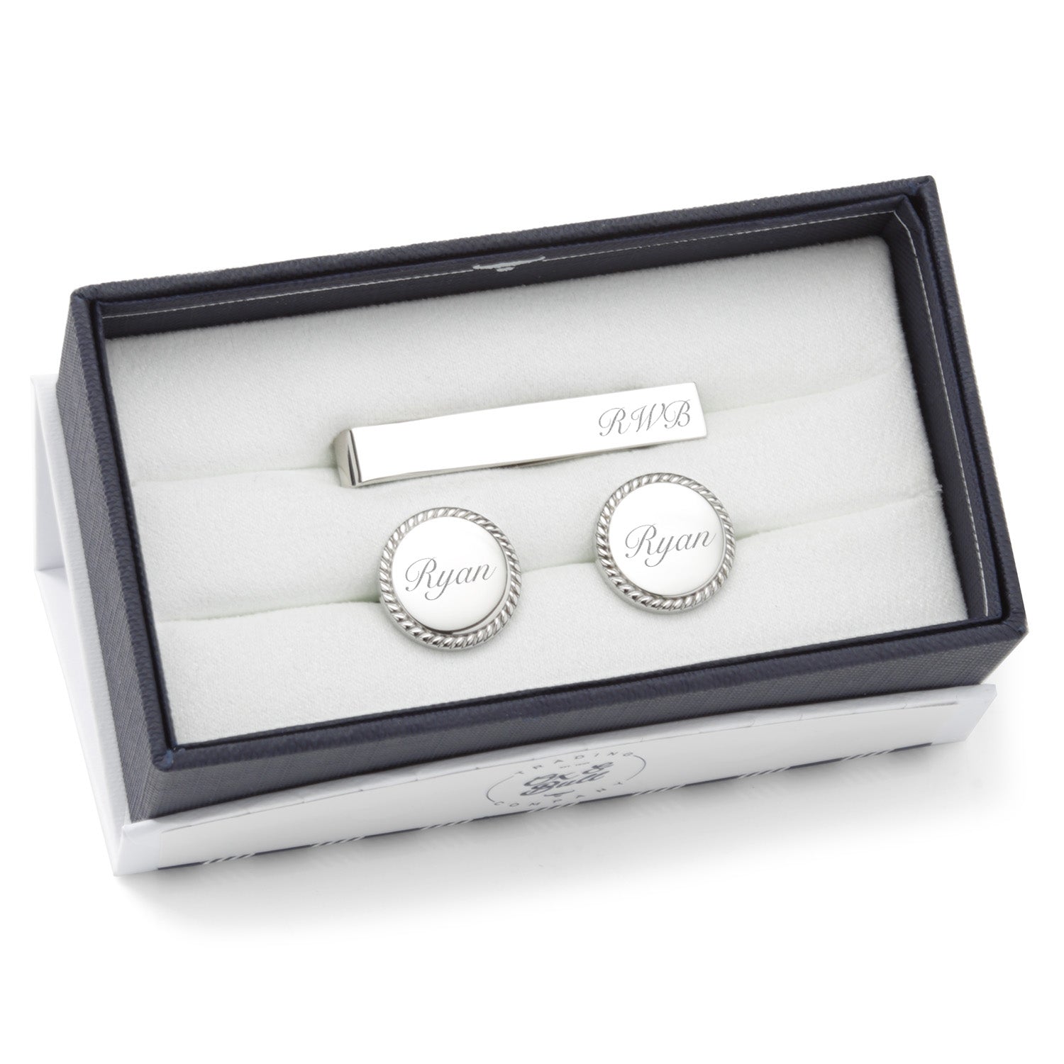 Engravable Rope Border Round Cufflinks and Tie Bar Gift Set — on a shirt cuff237