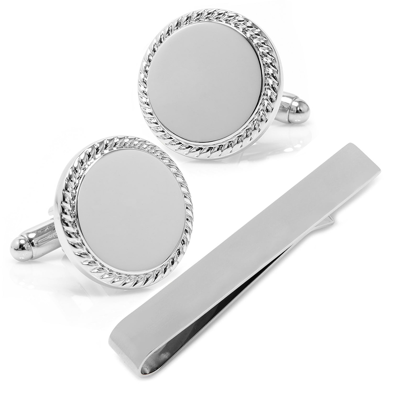 Engravable Rope Border Round Cufflinks and Tie Bar Gift Set149