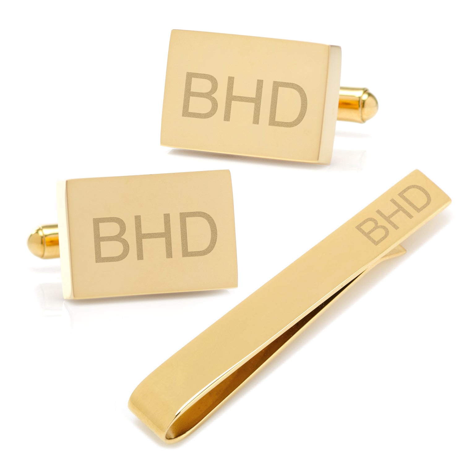 Engravable Rectangle Gold Cufflinks and Tie Bar Gift Set — close-up detail696
