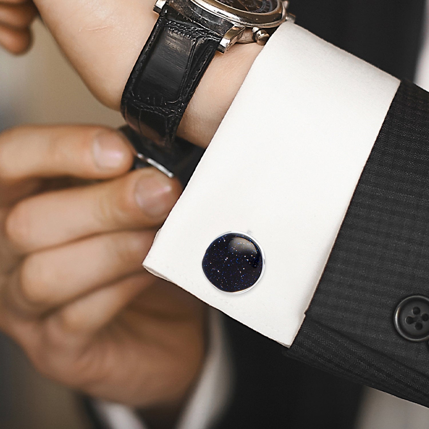 Sterling Silver Classic Round Blue Goldstone Cufflinks294