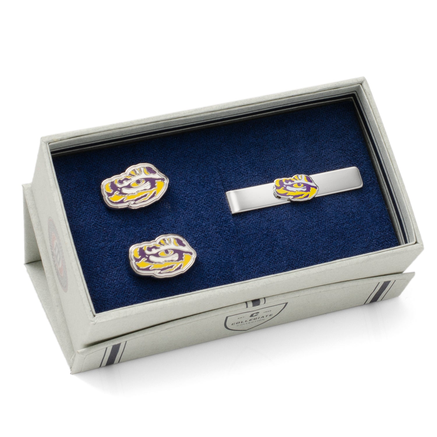 NCAA LSU Tiger's Eye Cufflinks and Tie Bar Gift Set — close-up detail670