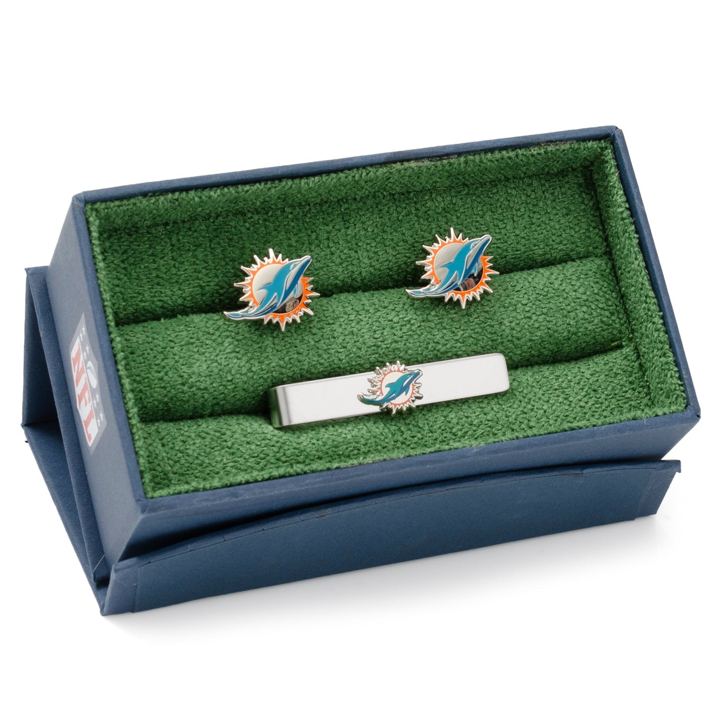 NFL Miami Dolphins Cufflinks and Tie Clip Gift Set — close-up detail225