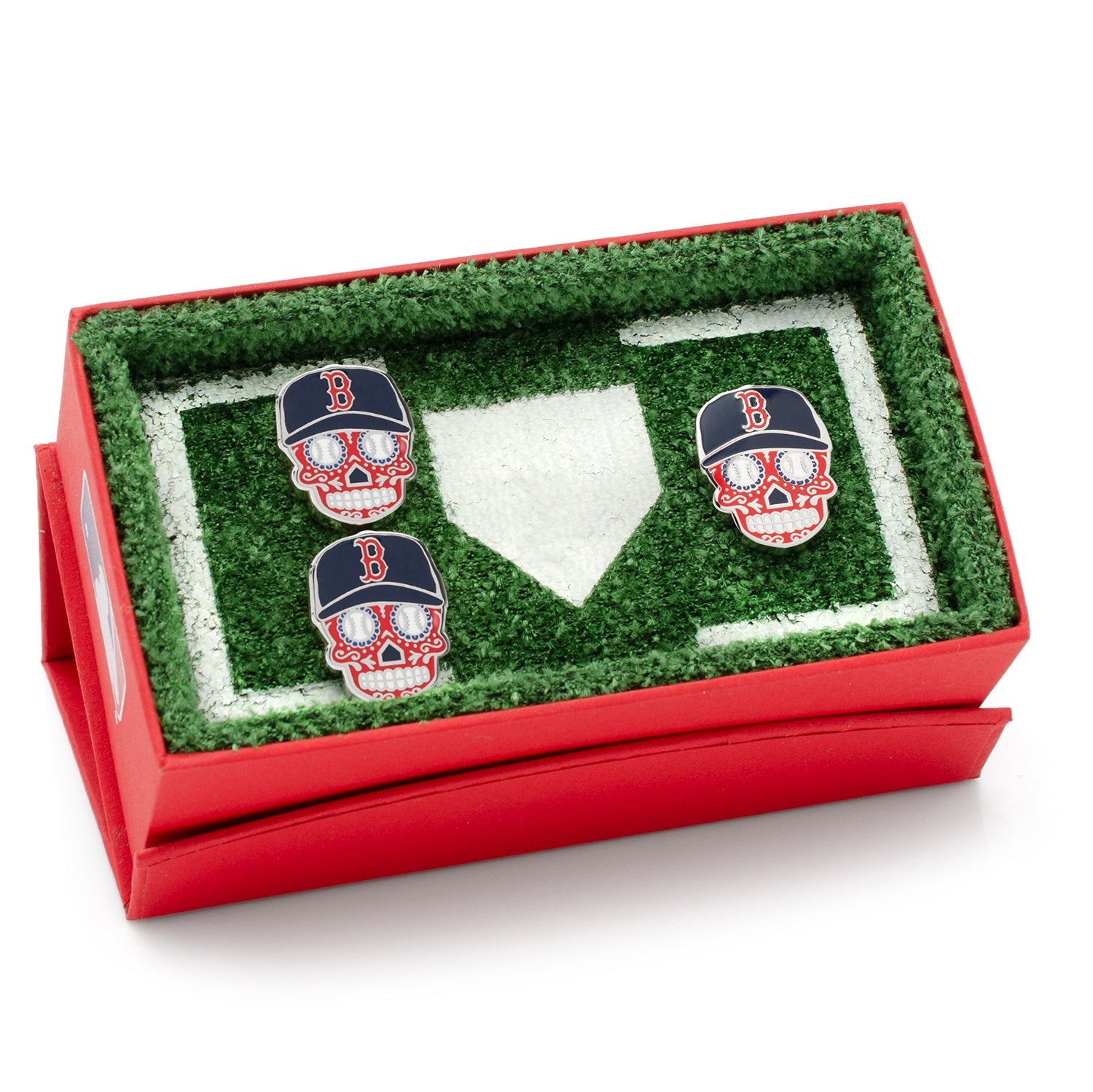 MLB Boston Red Sox Sugar Skull Cufflinks &amp; Lapel Pin Gift Set — close-up detail536