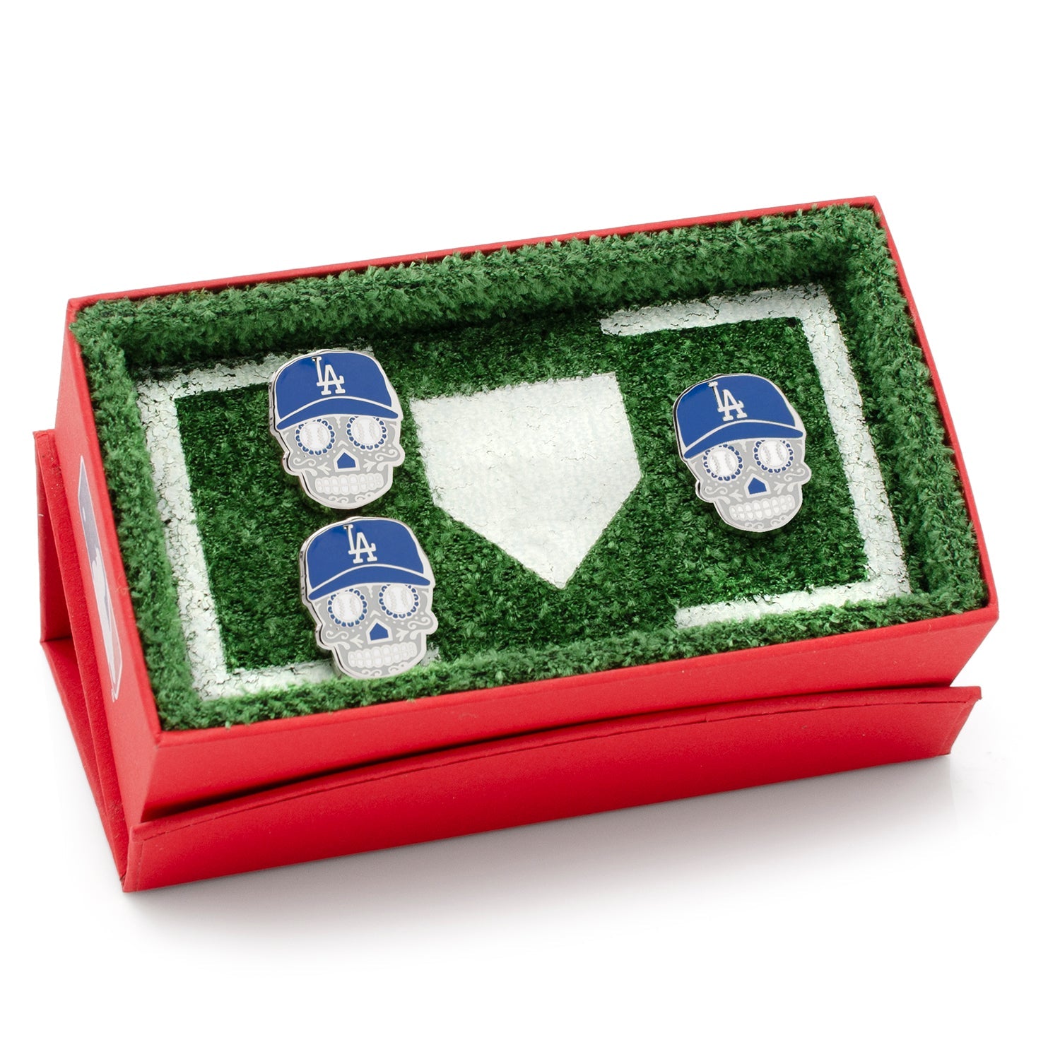 MLB LA Dodgers Sugar Skull Cufflinks &amp; Lapel Pin Gift Set — close-up detail877