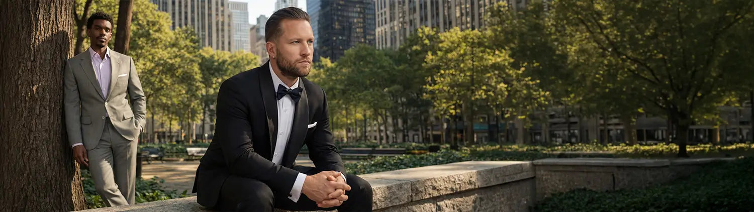 Man in a tuxedo sitting on a stone bench in an urban park setting195