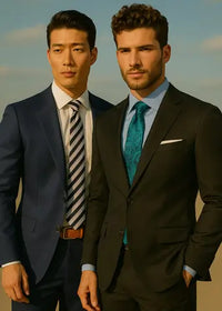Two men in suits standing side by side with a clear sky background