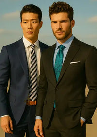 Two men in suits standing side by side with a clear sky background