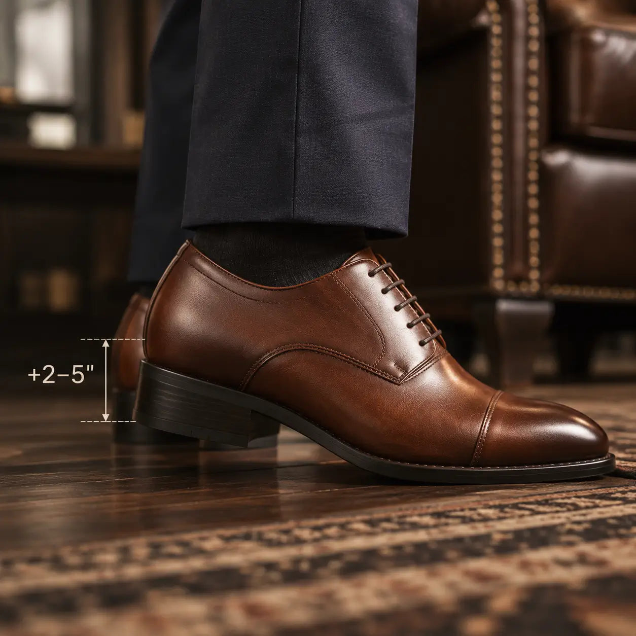 brown shoe close up showing how it increases height 2-5"106