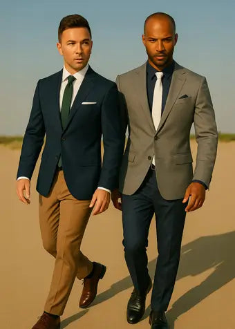 two men in blazers outside walking