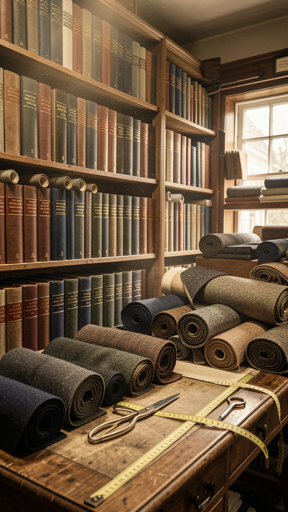 Historic London cloth merchant archive with leather-bound bunch books and rolled bolts of wool suiting and tweed