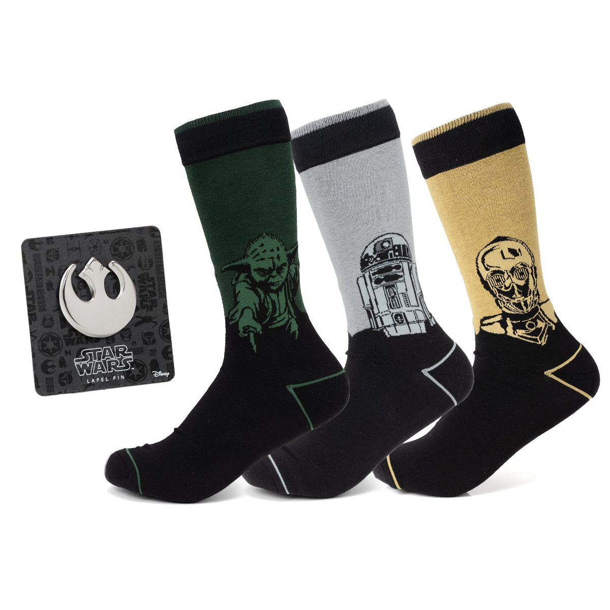 Star Wars Yoda, R2-D2, and C-3PO Dress Socks 3-Pack with Rebel Crest Lapel Pin Gift Set710