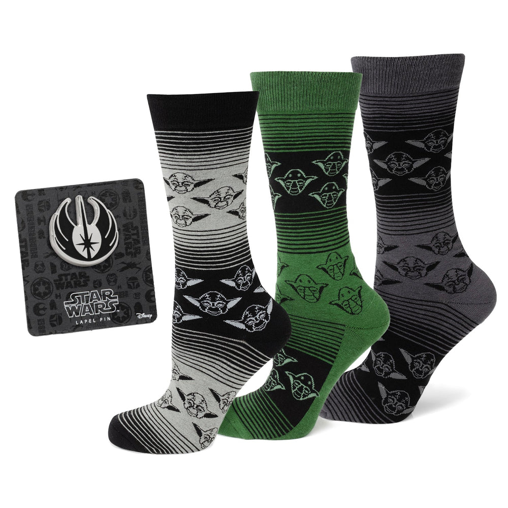 Star Wars Yoda Green, Gray, and Black Ombre Dress Socks and Jedi Crest Lapel Pin Gift Set947