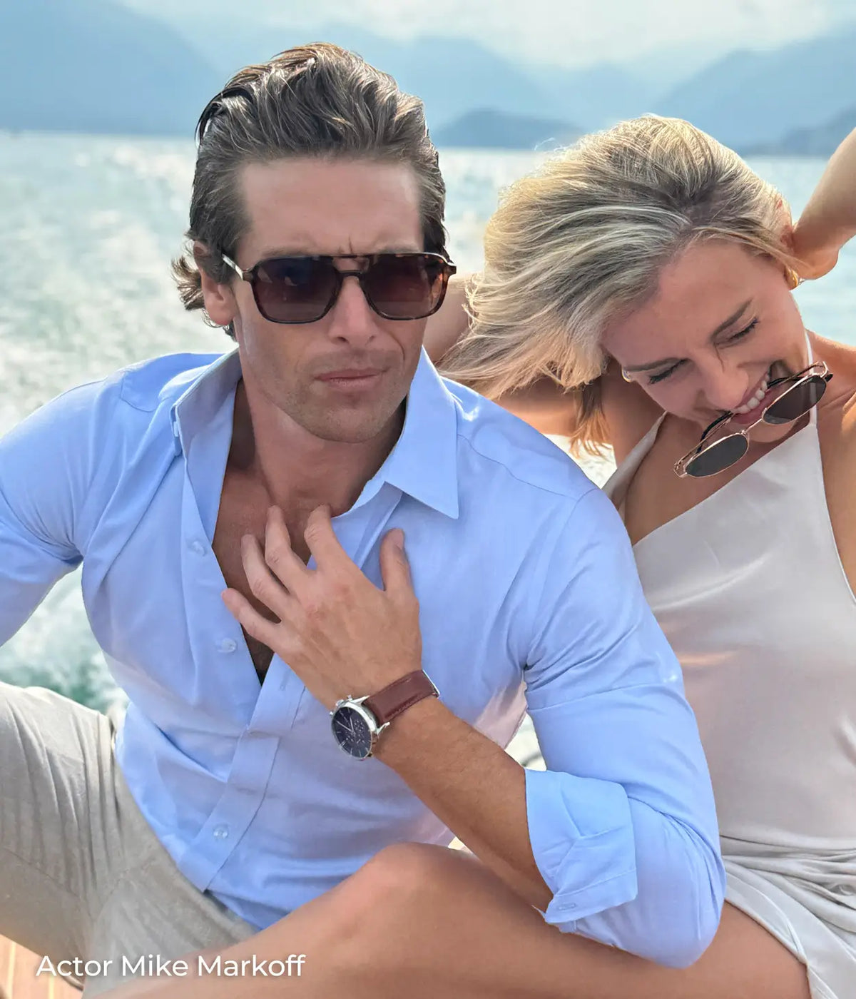 Actor Mike Markoff on a boat with his wife
