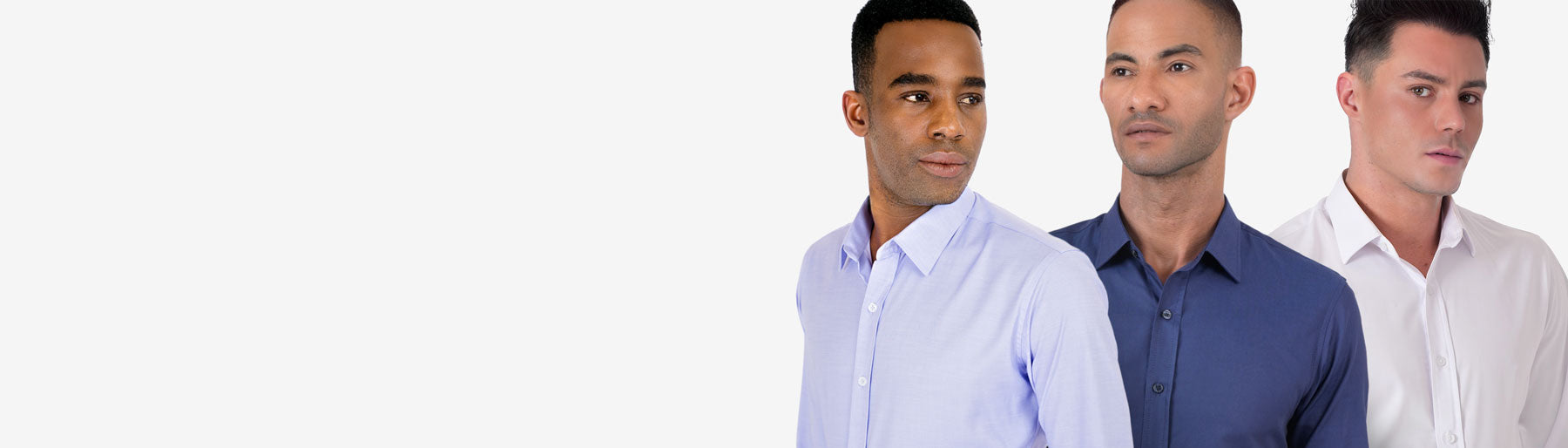 three busts of men in shirts - one pale purple, one deep navy, one white