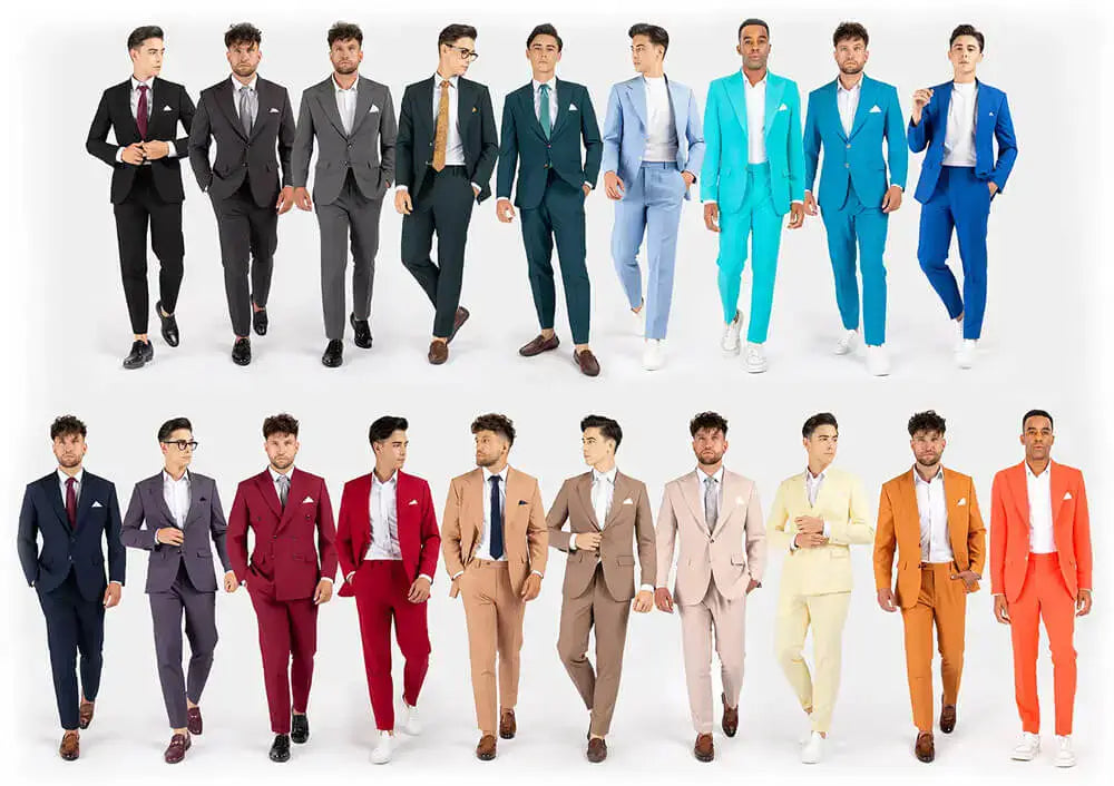 Multiple men wearing suits in various colors on a white background