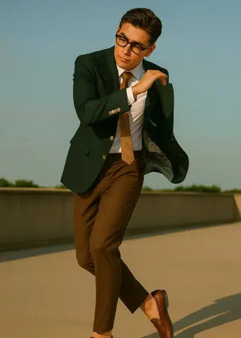 man in green blazer dancing outside