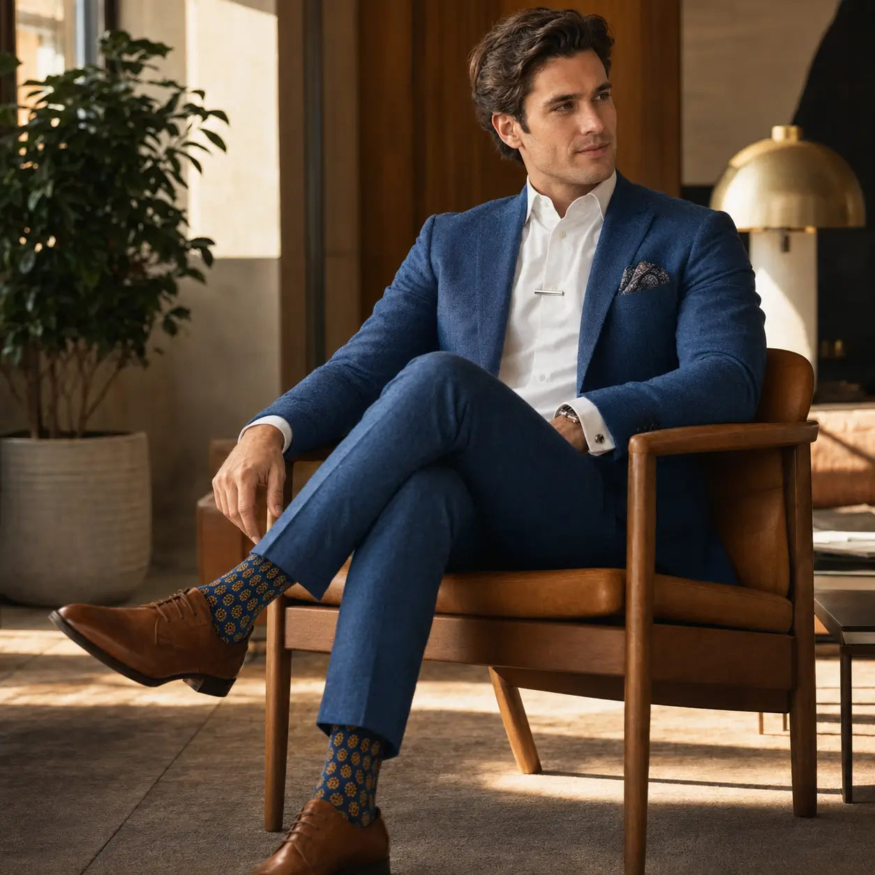 A man wearing a tailored blue suit, white dress shirt, patterned pocket square, and brown dress shoes sits in a brown leather armchair in a sunlit interior setting457