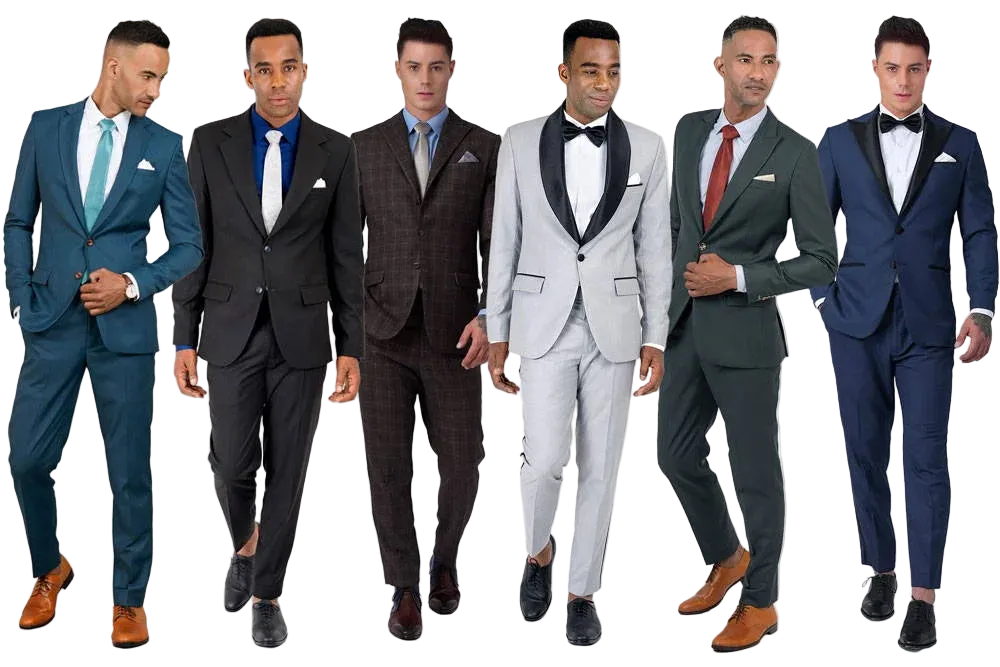 Six men wearing formal suits in various colors on a white background