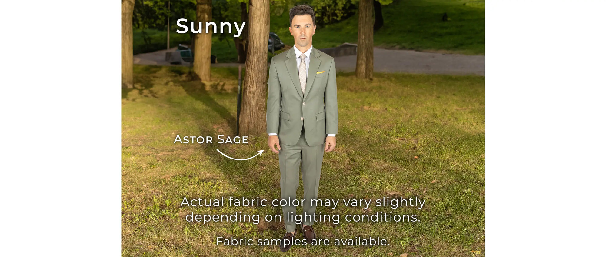 sage suit outdoors showing how it appears in sunny conditions