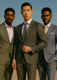 Three men in suits standing against a clear blue sky.