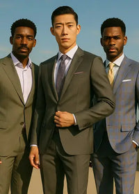 Three men in suits standing side by side against a clear sky.