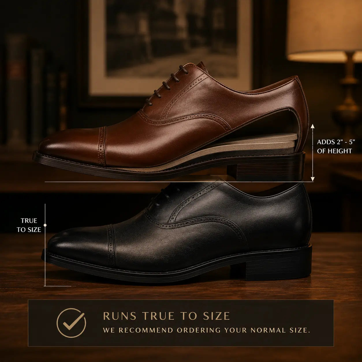 Two leather dress shoes shown side by side on a wooden surface in a dimly lit interior67