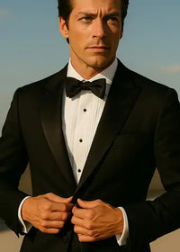 Man wearing a black tuxedo with a bow tie against a clear sky.