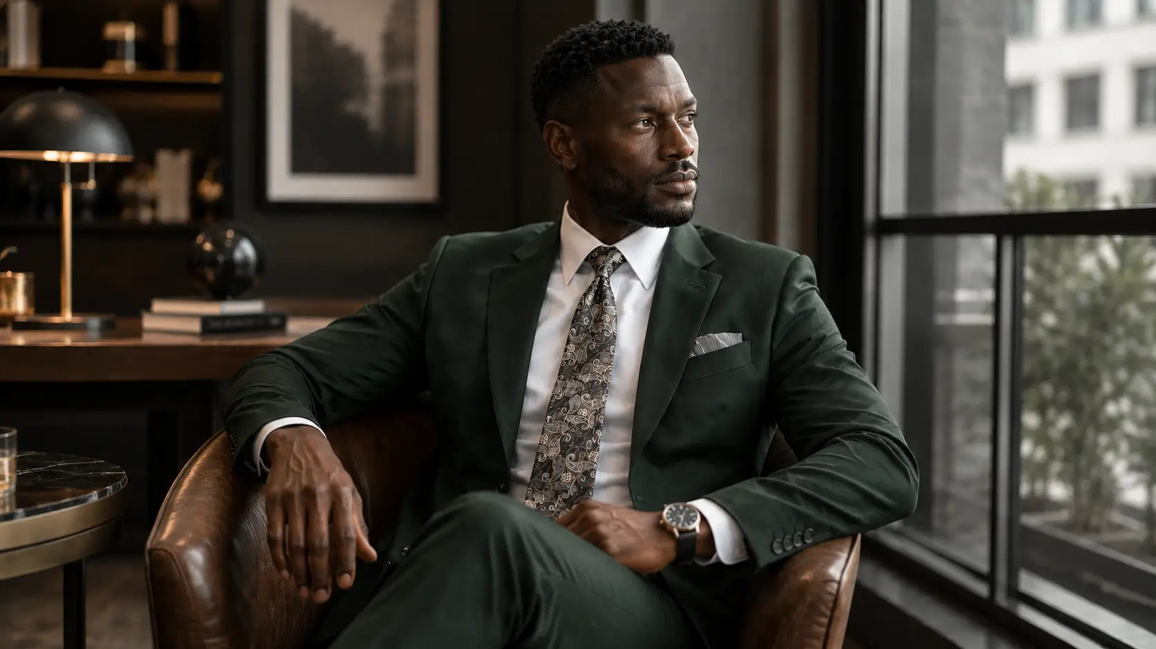 A man wearing a dark green suit, white dress shirt, and patterned tie sits in a brown leather armchair in a modern, stylishly decorated office or lounge setting.