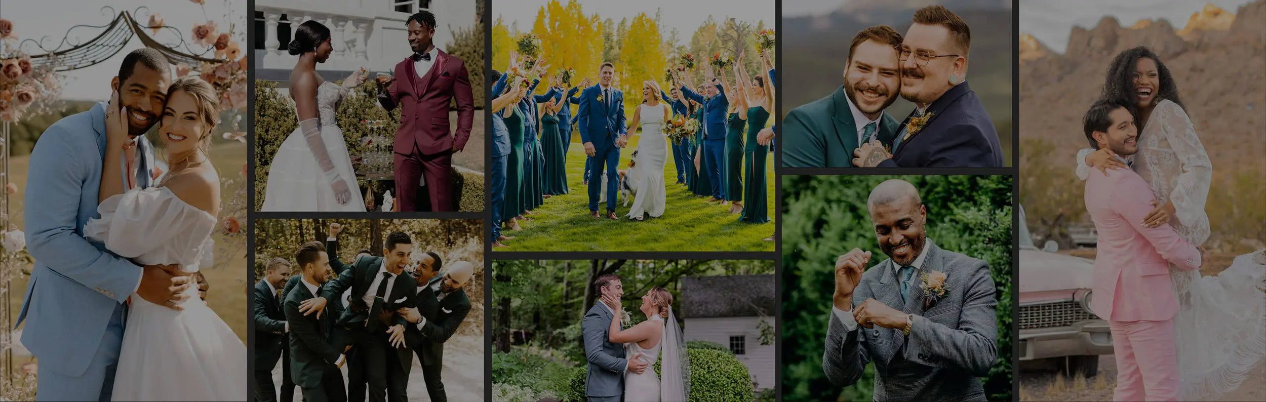 Collage of various wedding and formal event photos with people in formal attire.