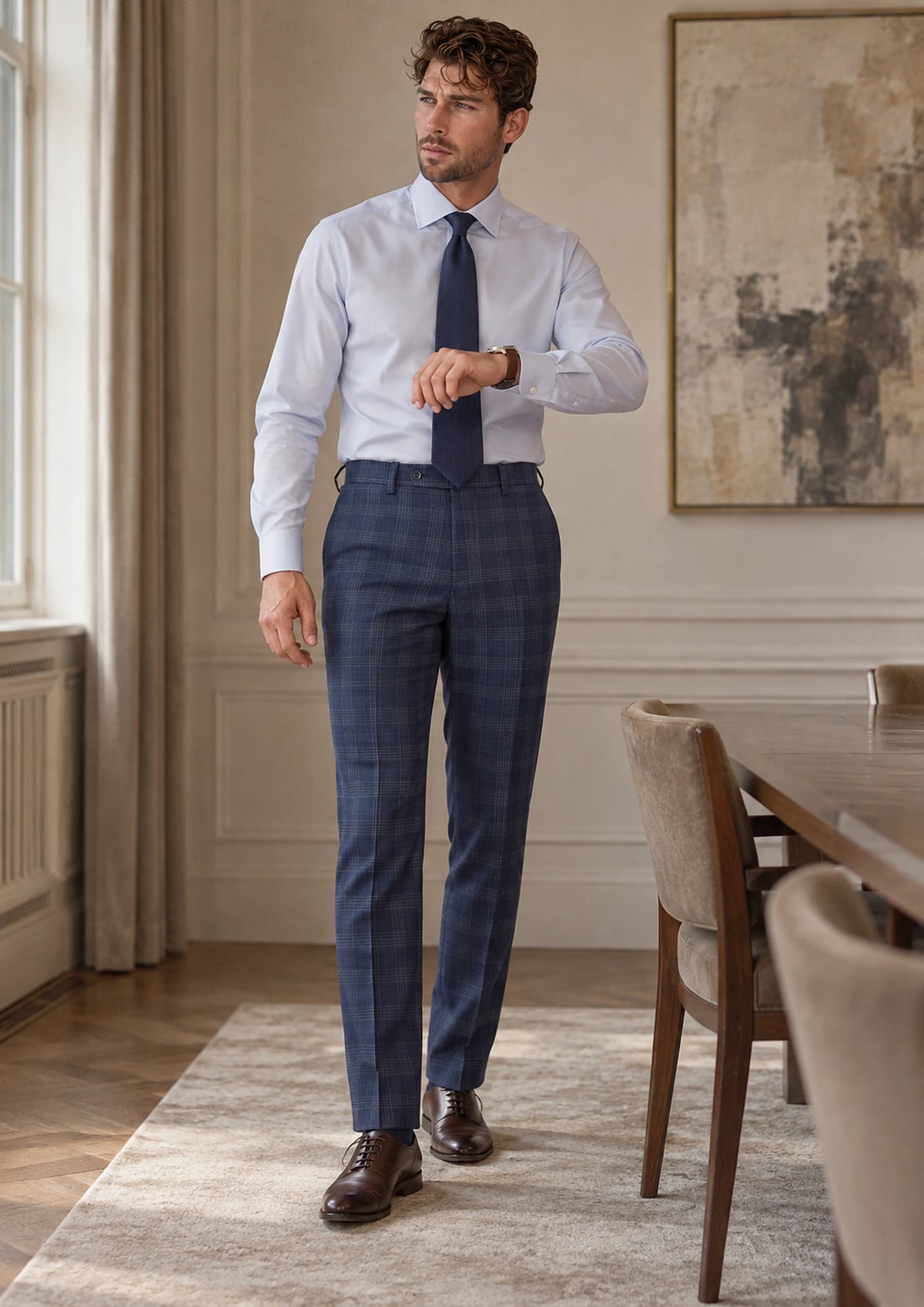 Admiral Navy Checked Pants worn by a model, private bank meeting room234