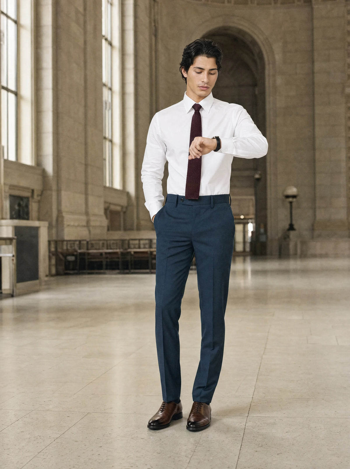 Aegean Blue Sharkskin Pants worn by a model, railway station concourse997