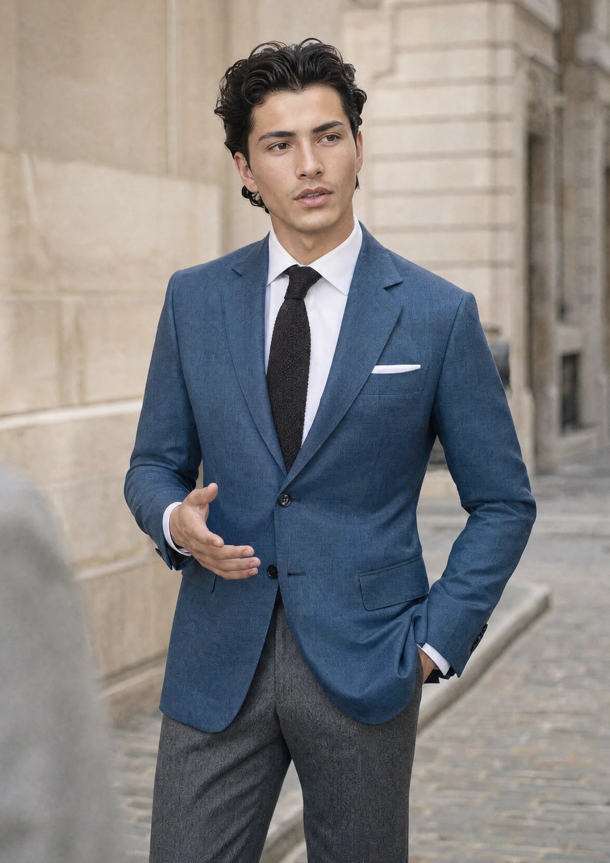 Air Force Blue Prince of Wales Jacket worn by a model, financial district street713