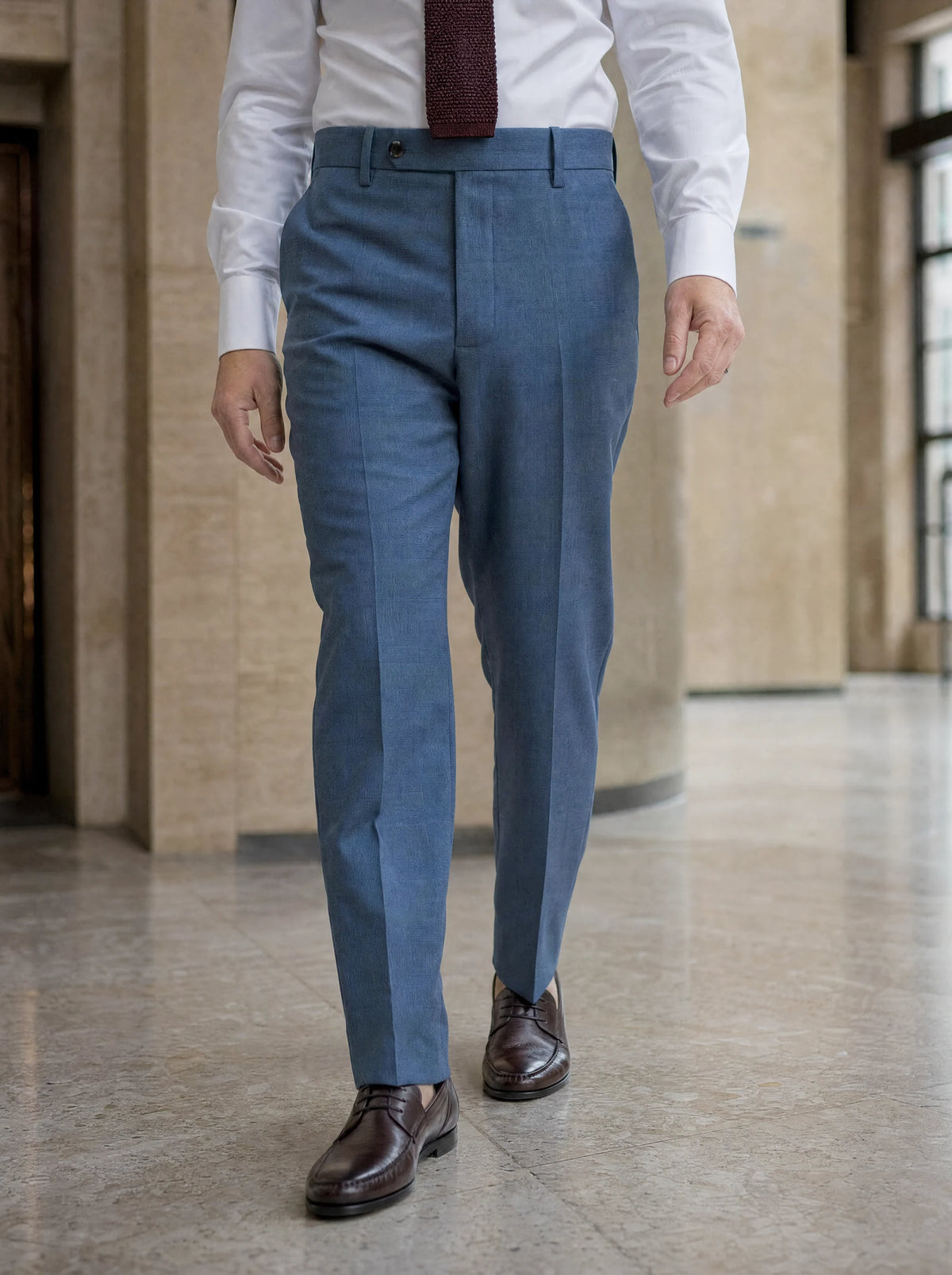 Air Force Blue Prince of Wales Pants worn by a model, office lobby 1930s87