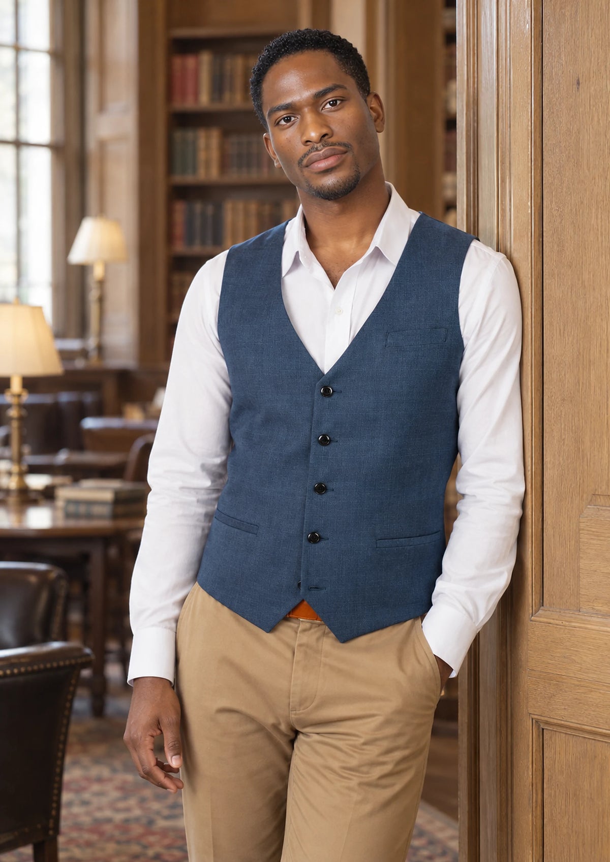 Air Force Blue Prince of Wales Vest worn by a model, club reading room606