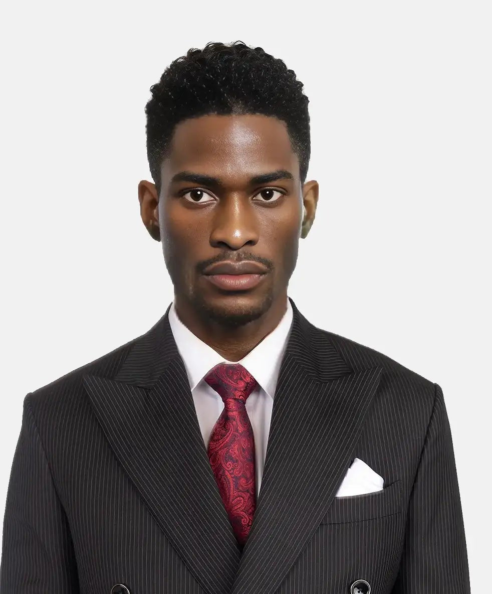 Man wearing a suit with a red tie and white pocket square on a plain background