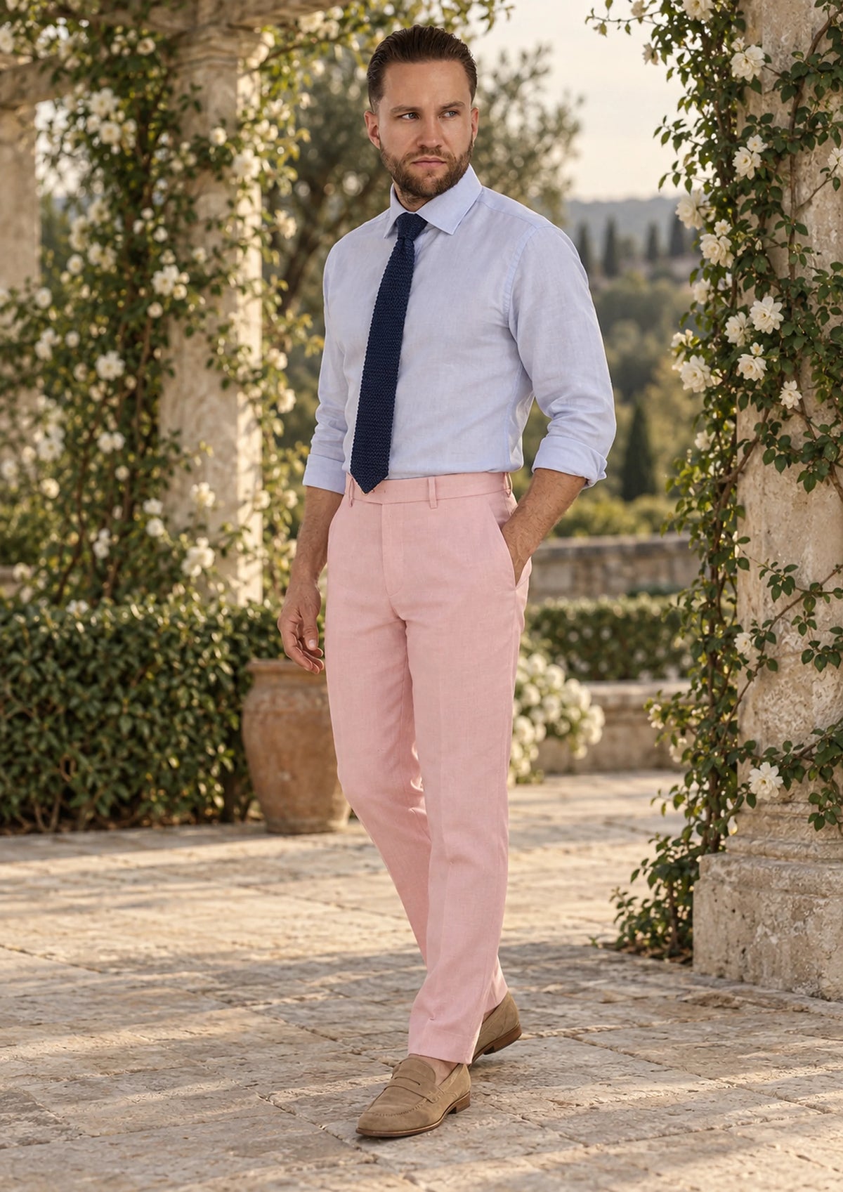Amaranth Pink Linen Pants worn by a model, garden wedding pergola942