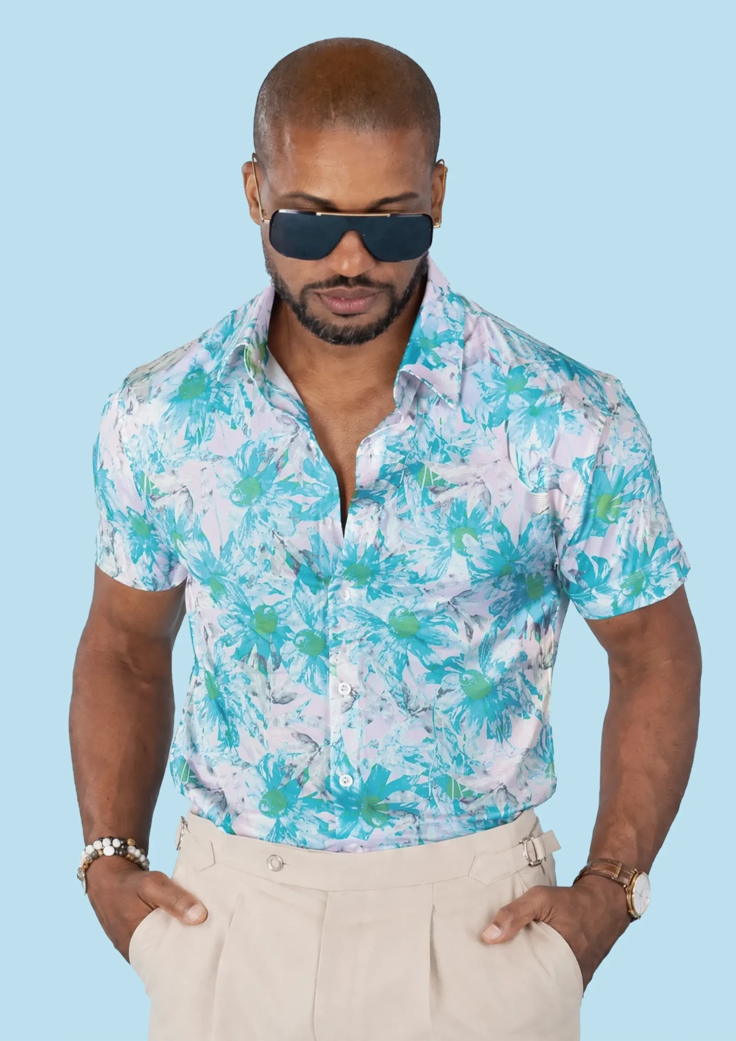 Aqua Daisy Silk Shirt - SARTORO113