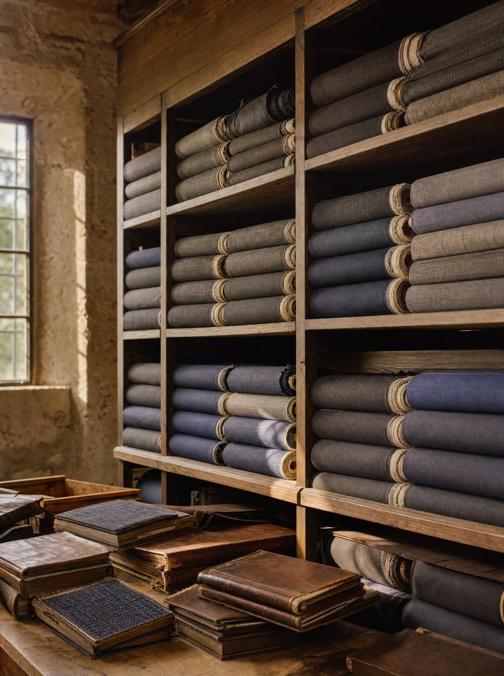 Historic fabric archive with rolled bolts of wool suiting and leather-bound swatch books in an Italian wool mill