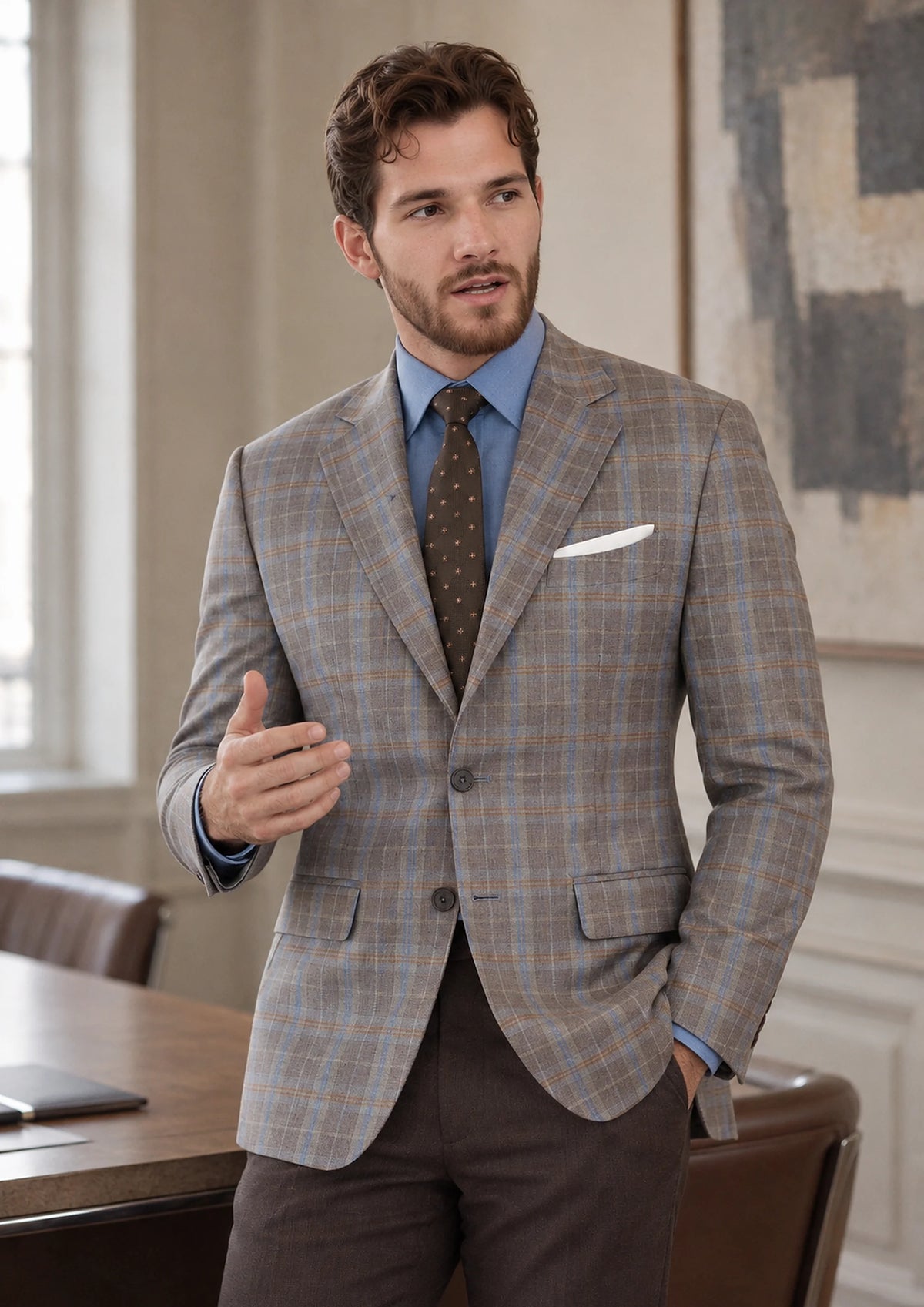 Ash Brown Check Jacket worn by a model, private bank meeting room504