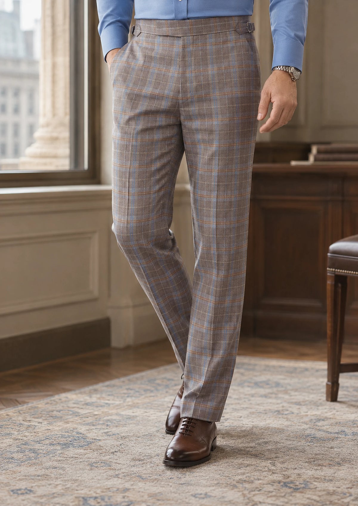 Ash Brown Check Pants worn by a model, bank office window998