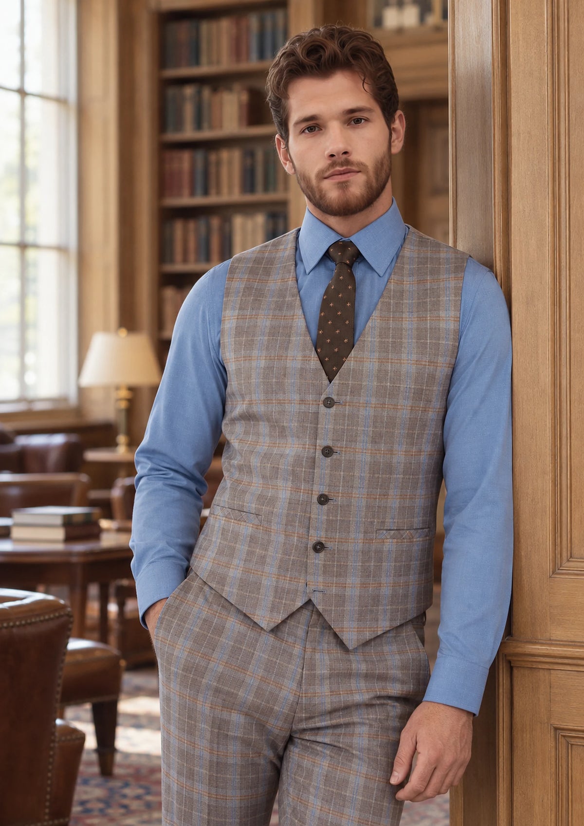 Ash Brown Check Vest worn by a model, club reading room925