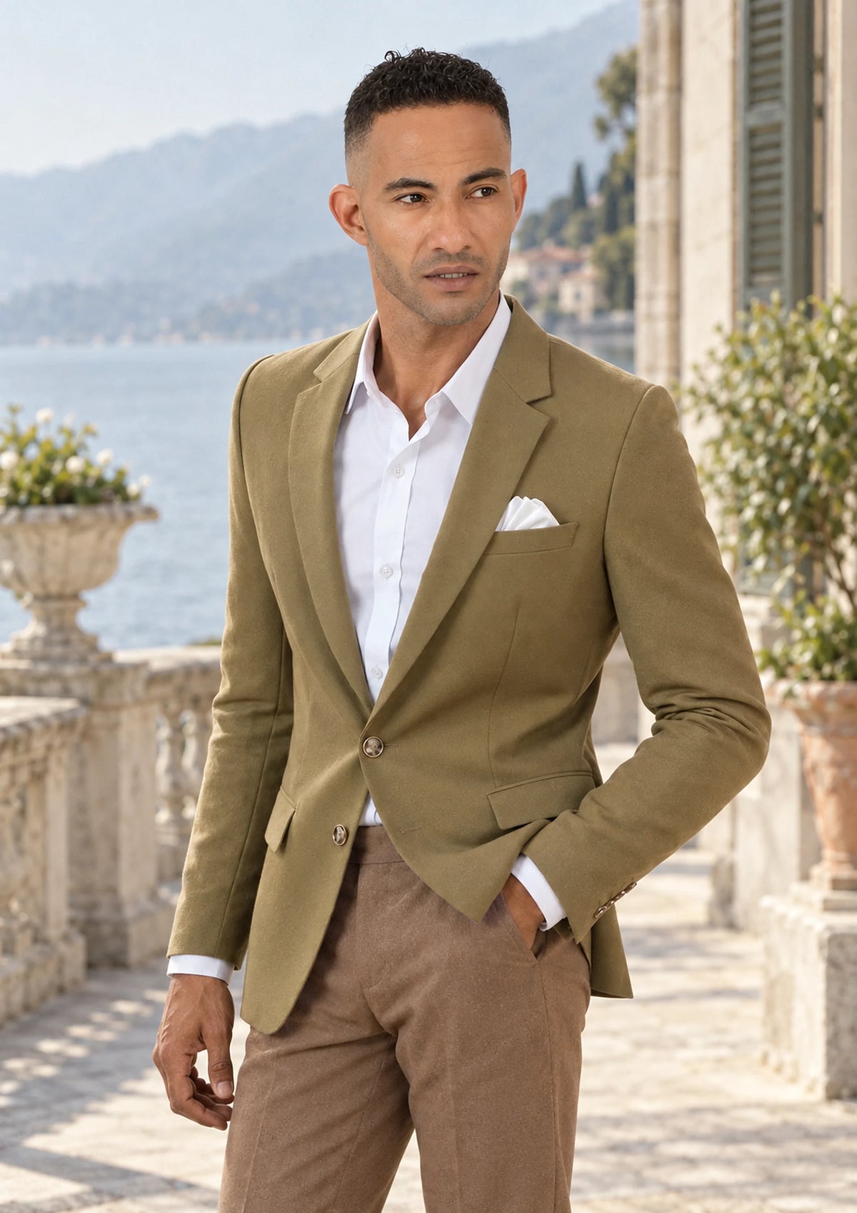British Khaki Cotton Jacket worn by a model, lakeside hotel terrace160