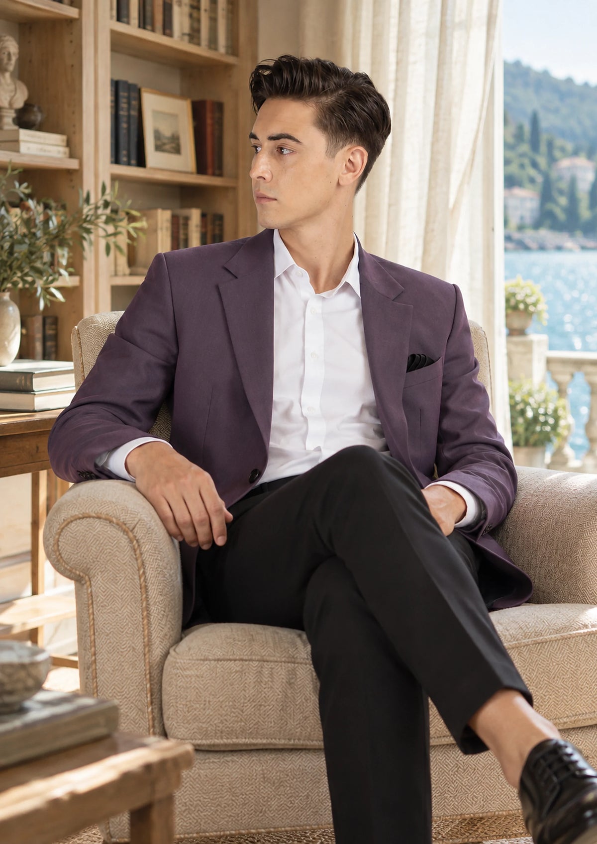 Eminence Purple Stretch Jacket worn by a model, lakeside villa library580