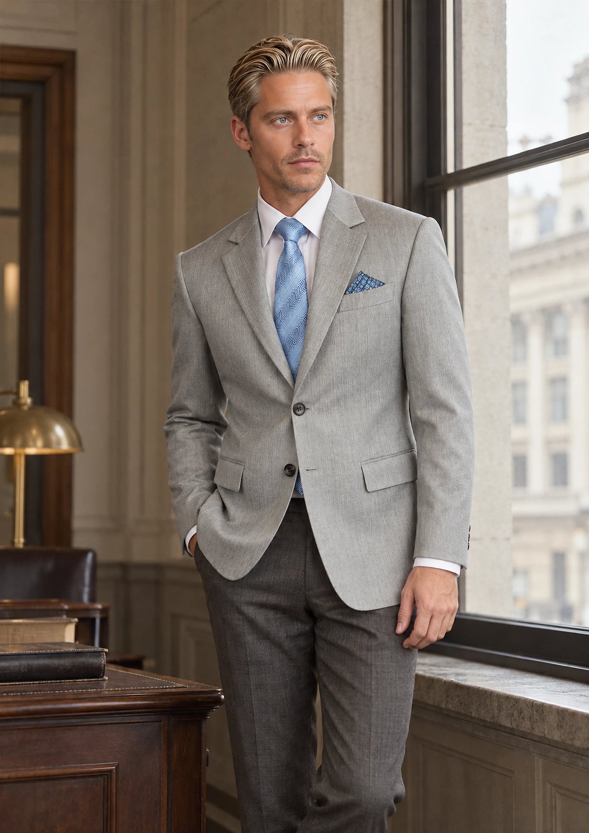 Glacier Grey Twill Jacket worn by a model, bank office window18