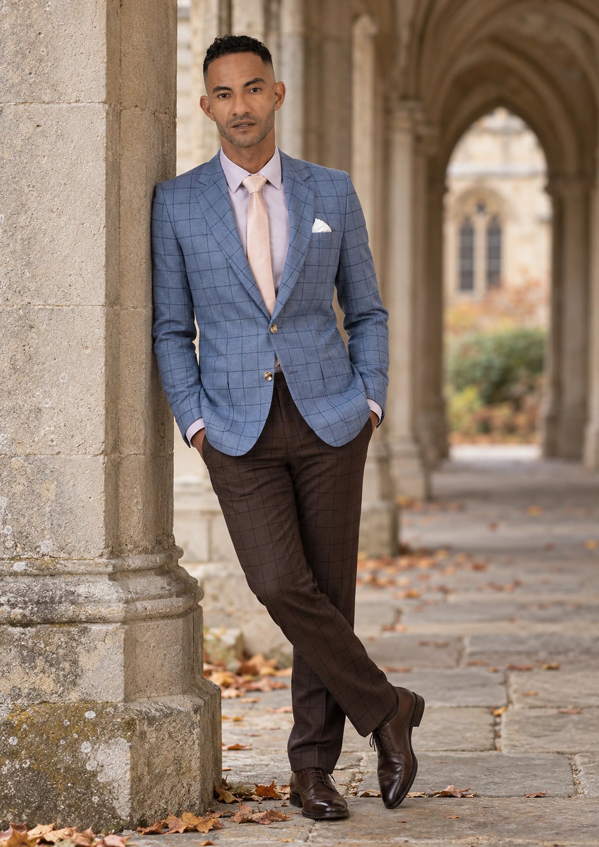 Carolina Blue Flannel Windowpane Jacket worn by a model, college cloister496