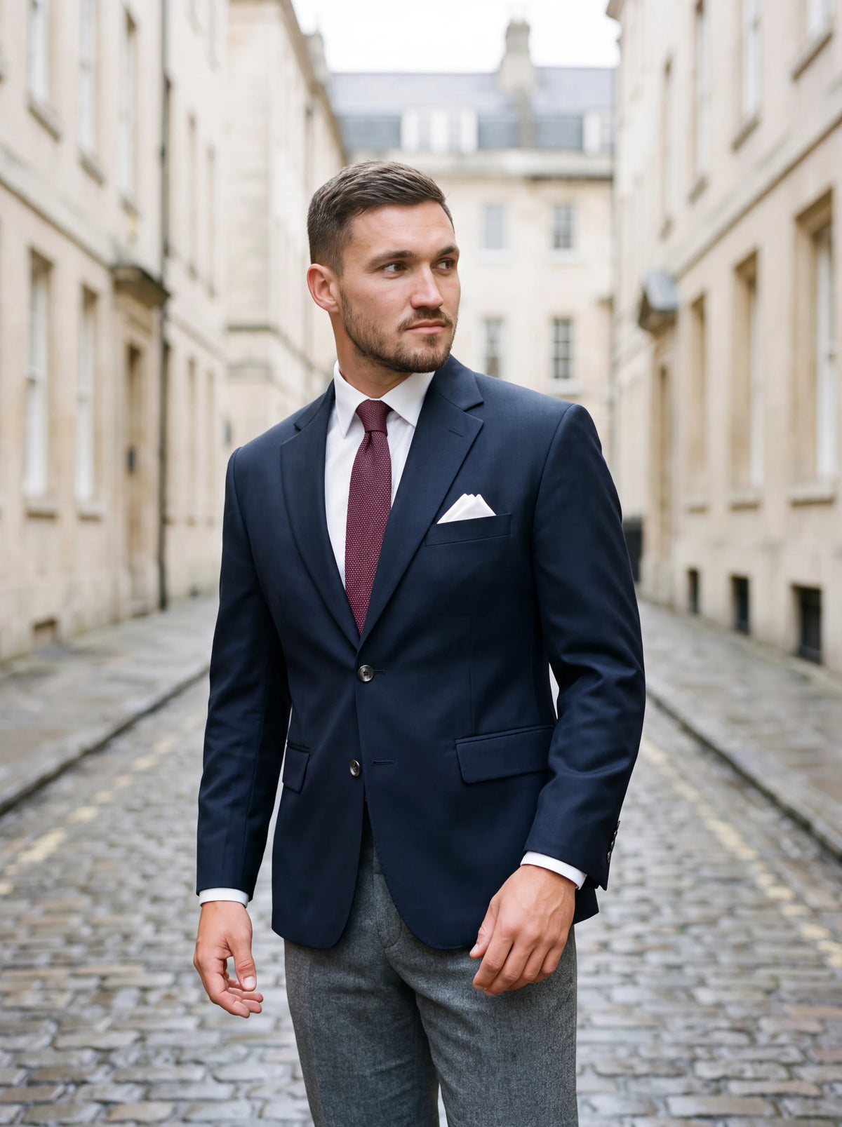 Astor Dark Navy Twill Jacket worn by a model, financial district street473